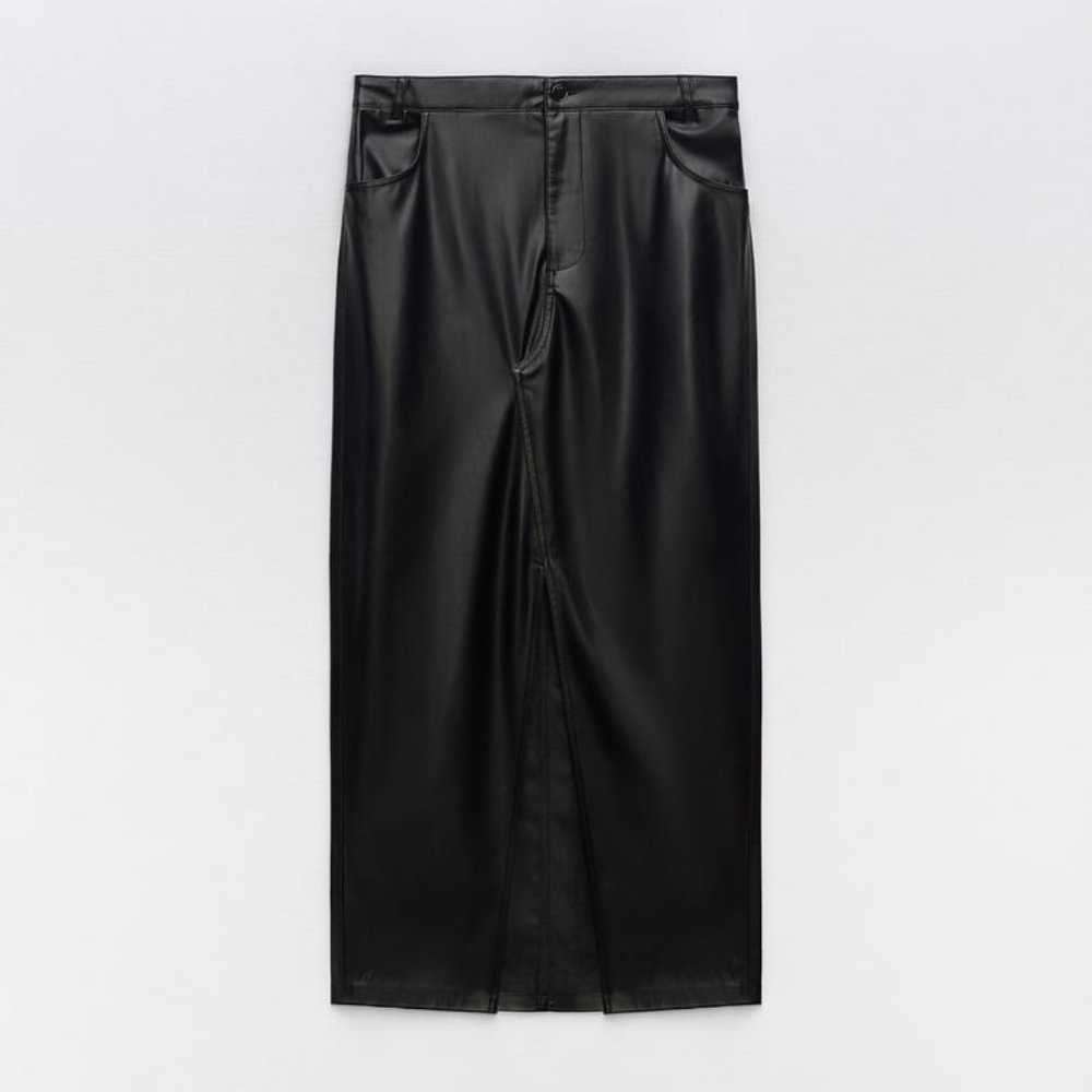 ZARA FAUX LEATHER MIDI SKIRT/ SIZE: M / COLOR: BLACK
